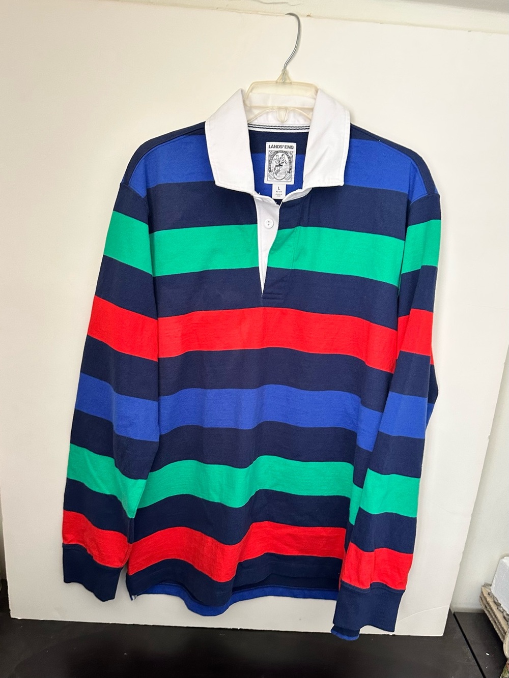 Lands' End Vintage Rugby Striped Cotton Long-sleeve Polo Shirt ~L (42-44)